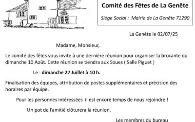 Réunion du Comité des Fêtes le : dimanche 27 Juillet à 10 h.